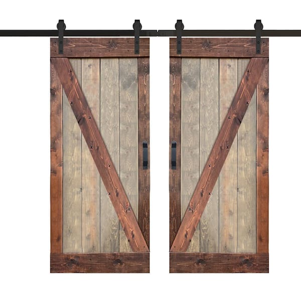 ISLIFE Z Series 36 in. W x 84 in. H x 2 Panels Brown / Walnut Finished Solid Wood Sliding Barn Door with Hardware Kit