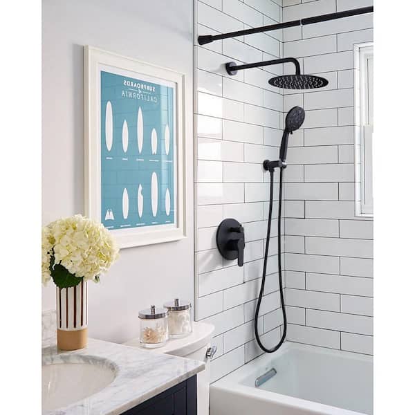 Round 2-Spray Patterns with 1.6 GPM 10 in. Wall Mounted Rain Fixed Shower Head in Matte Black