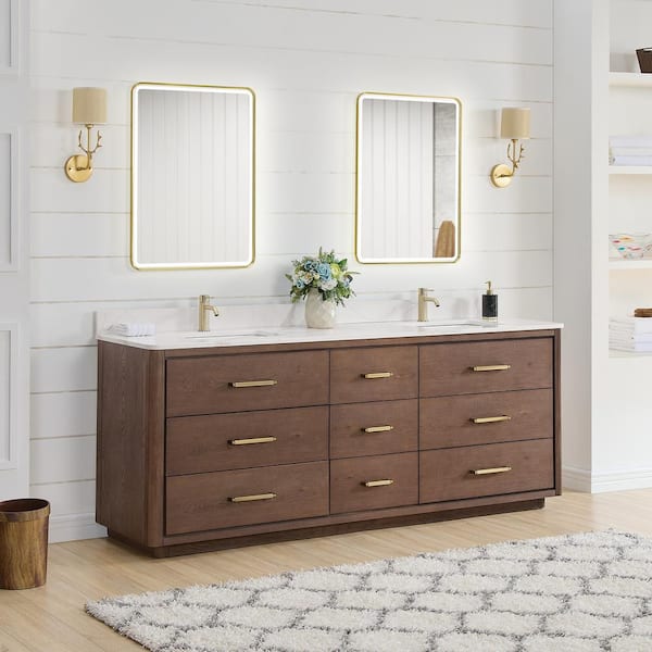 Porto 84 in. W x 22 in. D x 33.8 in. H Double Sink Bath Vanity in Dark Brown Oak with White Qt. Stone Top and Mirror