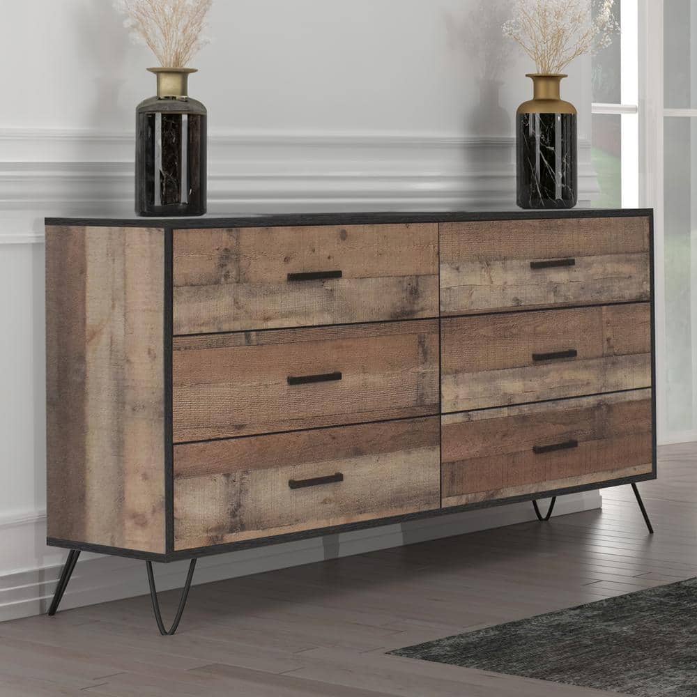 Rustic Brown Solid Wood 6-Drawer Dresser with Metal Legs