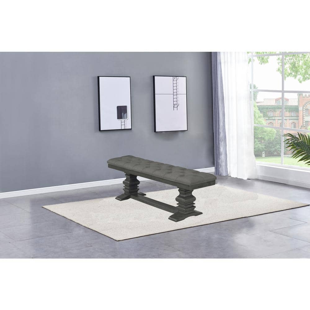Dark Gray Tufted Linen Upholstered Wooden Bench