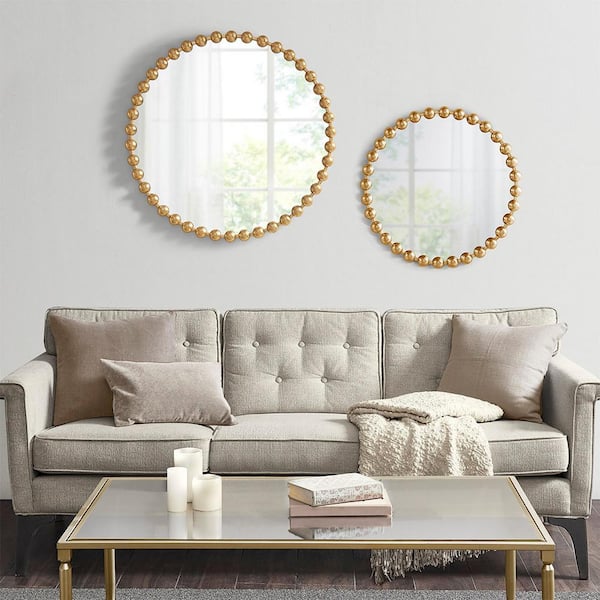 Unbranded 27 in. W. x 27 in. H Round Metal Frame Gold Wall Mirror with Beaded Decoration, for Bedroom, Entryway