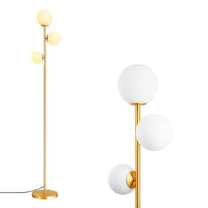 69 in. Golden Metal 3-Light LED Dimmable Tree Floor Lamp for Living Room with Globe Glass Shade