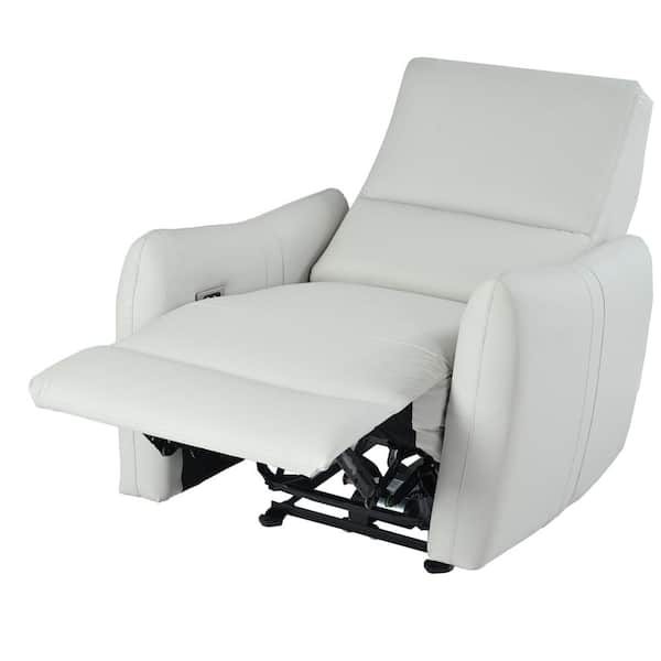 Unbranded Light Gray Wood Outdoor Power Recliner with White Cushions-Wall Hugger for Small Spaces