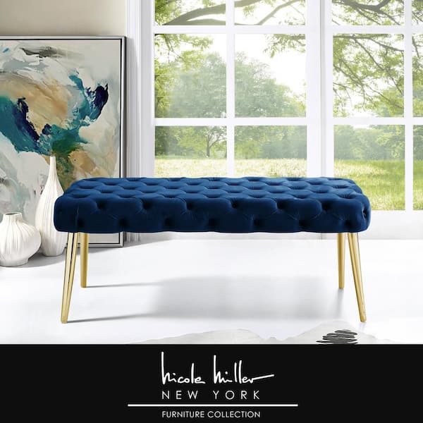 Nicole Miller Shannyn Navy/Gold Velvet Bench with Button Tufted Metal Leg