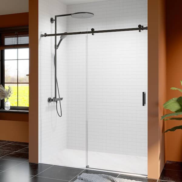 Reversible 56 to 60 in. W x 74 in. H Sliding Frameless Shower Door in Matte Black with Smooth Sliding and Tempered Glass