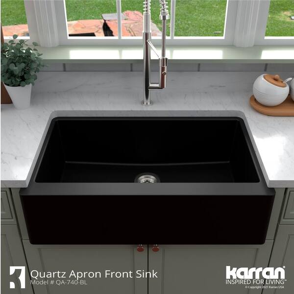 Karran Qa 740 Quartz Granite 34 In Single Bowl Farmhouse Apron Front Kitchen Sink In Black With Bottom Grid And Strainer Qa 740 Bl Pk1 The Home Depot