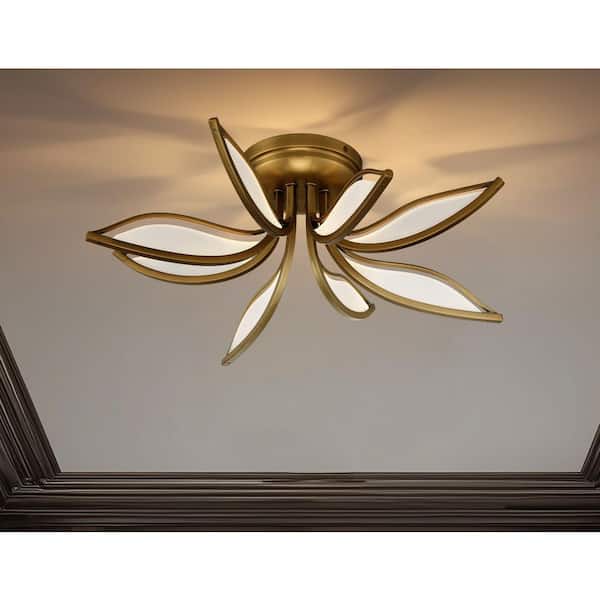 Papilio 21 in. 1-Light Legacy Brass LED Flush Mount with White Acrylic Shades