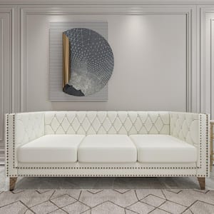 80.5 in Wide Square Arm Velvet Modern Straight Sofa in Beige