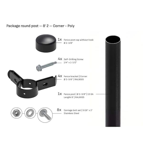 Round 2-3/8 in. x 8'2 ft. Poly Cap Corner Fence Black Steel Post (1-Pack)