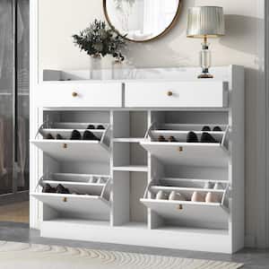 White Free Standing Multifunctional 2 Tier Shoe Storage Cabinet Organizer with 4 Flip Drawers for Entrance Hallway