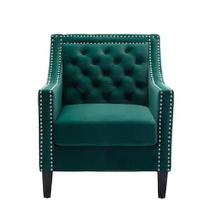 Green Modern Velvet Upholstery Accent Chair with Nailheads and Solid Wood Legs