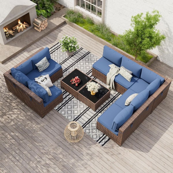 10-Piece Wicker Patio Sectional Conversation Sets With 2 Coffee Table and Navy Cushions