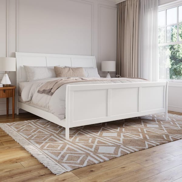 Portland White Solid Wood Frame King Foundation Panel Bed with Matching Footboard