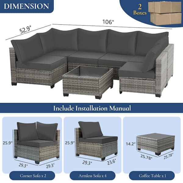 JUSKYS GUKOO Gray Wicker 7-Piece Metal Frame Sofa Seating Group