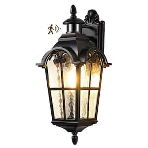 20.2 in. Large Size Black Motion Sensing Dusk to Dawn Outdoor Hardwired Wall Lantern Scone with Water Ripple Glass