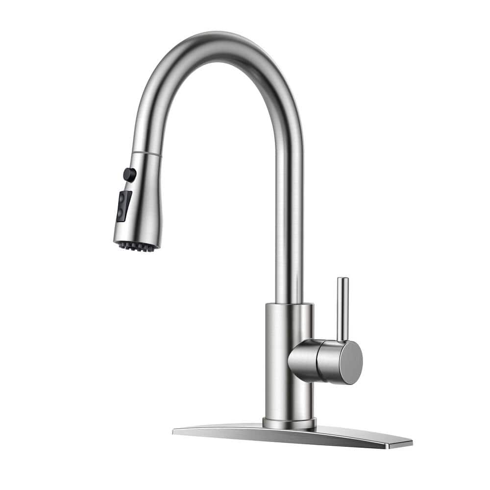 Androme Single Handle Pull Down Sprayer Kitchen Faucet With Deckplate High Arc Stainless Steel 4792