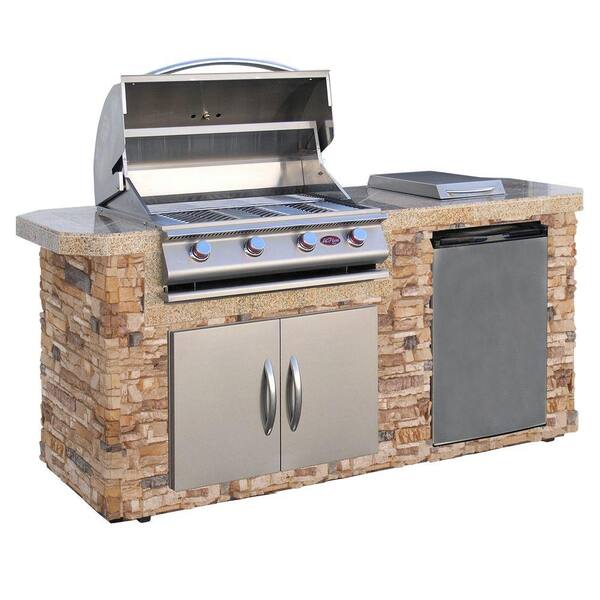 Cal Flame 7 ft. Stone Grill Island with 4-Burner Stainless Steel Propane Gas Grill