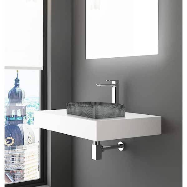 36 in. Wall Mounted Bathroom Countertop Shelf in White Solid Surface with Gray Square Glass Vessel Sink