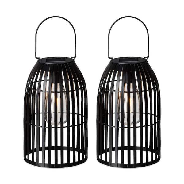9.75 in. H Black Metal Stripes Solar Powered Edison Bulb Outdoor Hanging Lantern (Set of 2 )