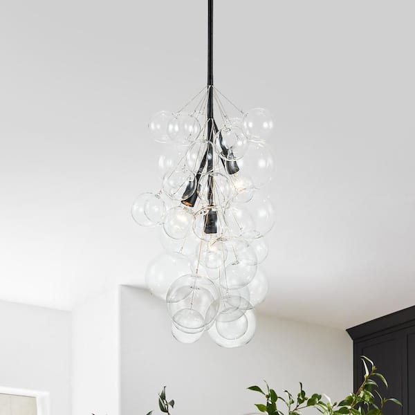 HUOKU 3-Light 15.7 in.W Matte Black Clear Glass Bubble Cluster