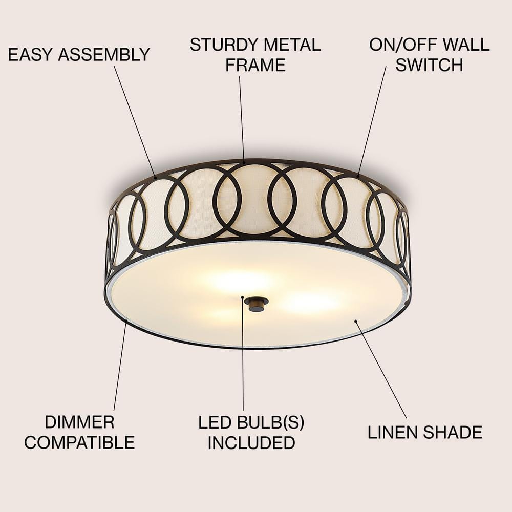 Aubrey Contemporary 15.5" LED Flush Mount in Oil Rubbed Bronze with Linen Shade