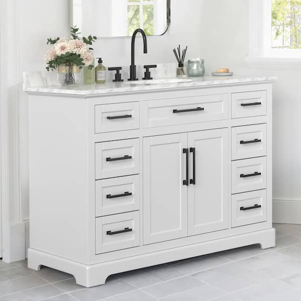 Aweyoto Washington 48 in. W x 21.5 in. D x 35 in. H Single Sink Freestanding Bath Vanity in White with White Carrara Marble Top