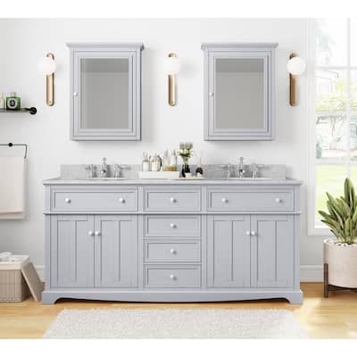 Fremont 72 in. Double Sink Freestanding Grey Bath Vanity with Grey Granite Top (Assembled)