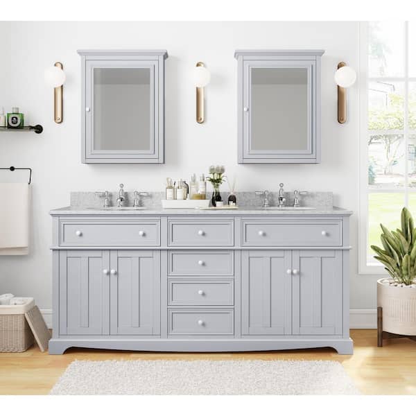 Home Decorators Collection Fremont 72 in. Double Sink Freestanding Grey Bath Vanity with Grey Granite Top (Assembled)
