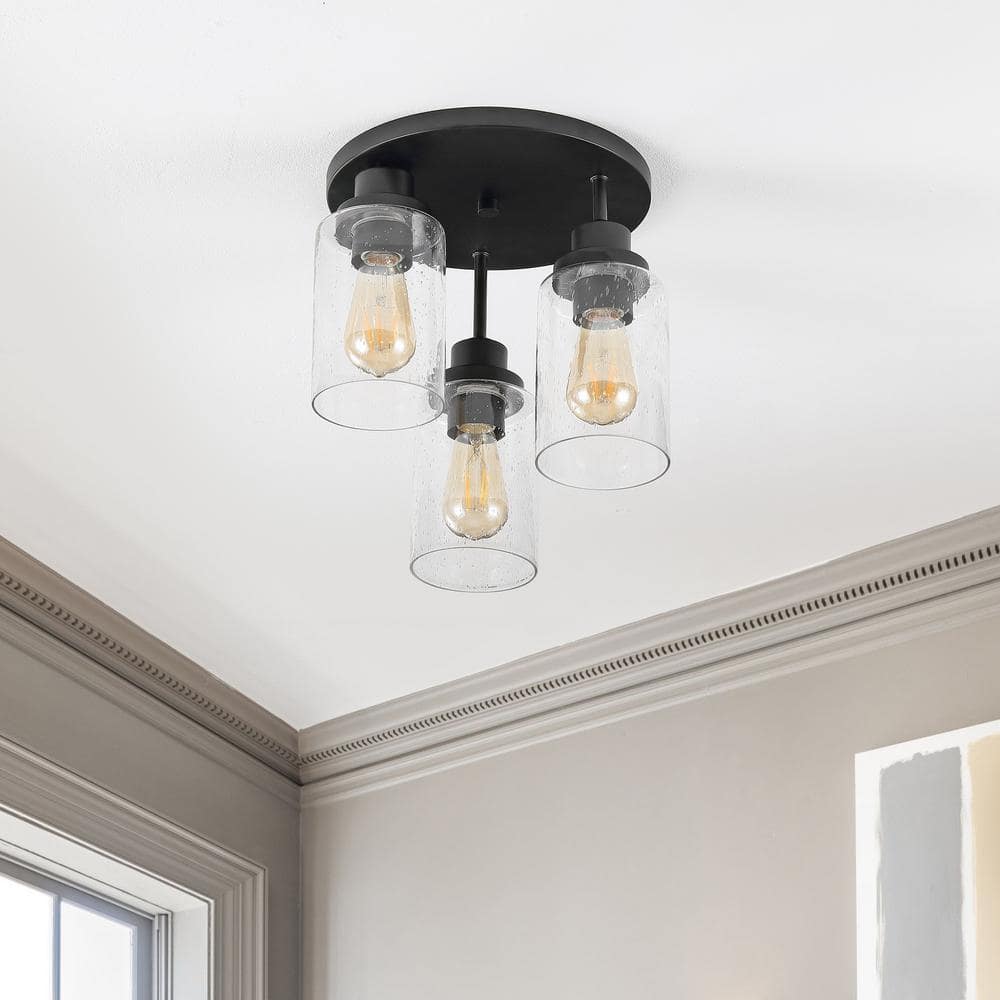 Black Iron and Seeded Glass 3-Light LED Semi Flush Mount