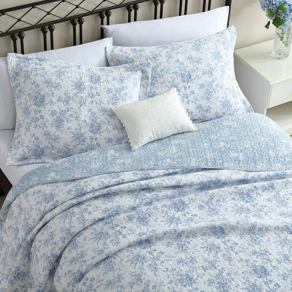 Laura Ashley Blue Floral Cotton King Reversible Quilt Set