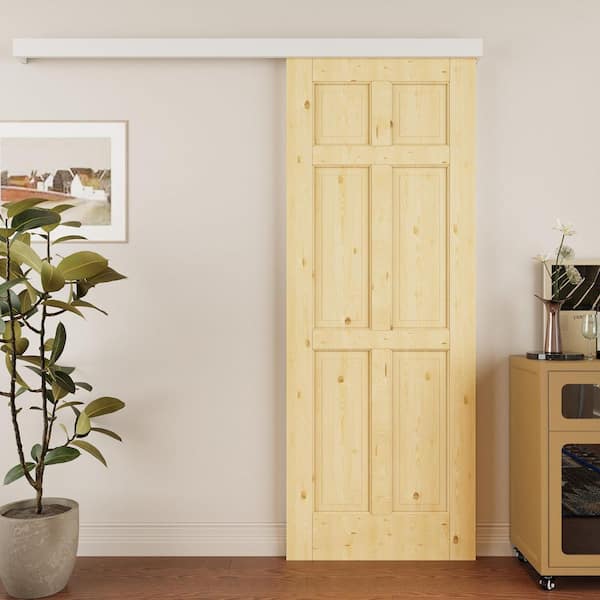30 in. x 80 in. Hidden Track Style 6-Panel Solid Pine Wood Unfinished Sliding Barn Door with Hardware Kit