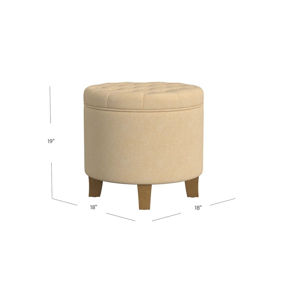 Light Tan Round Tufted Storage Ottoman with Wooden Legs
