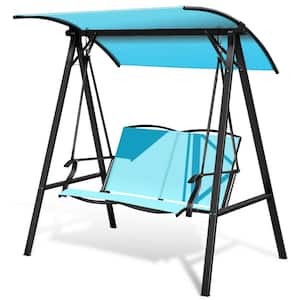 Turquoise 2-Person Metal Porch Swing with Adjustable Sunshade Canopy