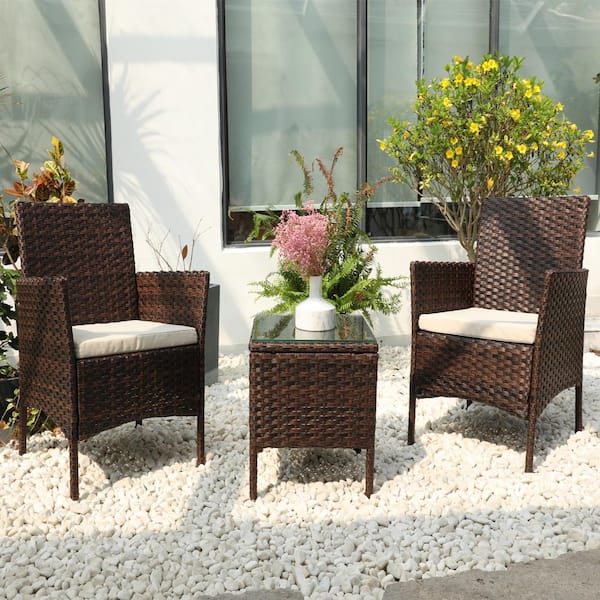 Home Wicker DIRECT Bistro Depot The Outdoor Brown DJMC1102S300 Set 3-Piece Alice Cushions White - WICKER with
