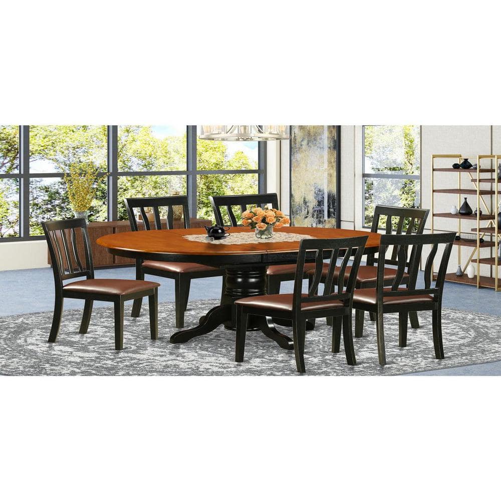 Black and Cherry 7-Piece Round Pedestal Dining Set with Slat Back Chairs