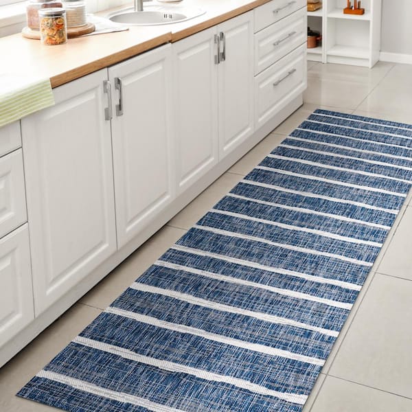 JONATHAN Y Colonia Berber Stripe Blue/Ivory 2 ft. x 8 ft. Indoor/Outdoor Runner Rug