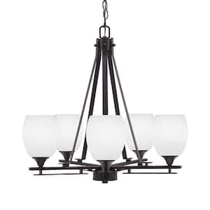 Ontario 21.5 in. 5-Light Dark Granite Geometric Chandelier for Dinning Room with White Linen Shades No Bulbs Included