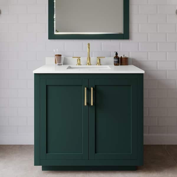 Wyndham Collection Miranda 36 in. W x 22 in. D x 33.75 in. H Single Bath Vanity in Green with White Quartz Top and 34 in. Mirror