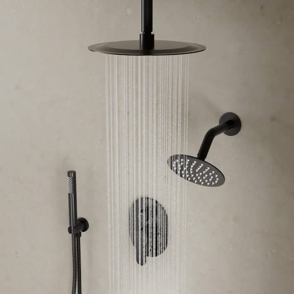 Rainspire Double Handles 3-Spray 10 in. and 6 in. Ceiling Mount Shower Faucet with Anti Scald 1.8 GPM in Matte Black