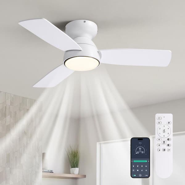 32 in. Smart Indoor Modern White Low Profile Flush Mount Ceiling Fan with Integrated Dimmable LED with Remote Included