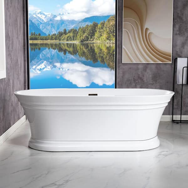 WOODBRIDGE Amiens 67 in. Acrylic FlatBottom Double Ended Bathtub with Oil Rubbed Bronze Overflow and Drain Included in White