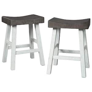 20 in. Brown and White Backless Wood Frame Barstool with Wooden Seat (Set of 2)