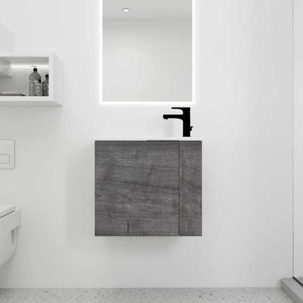 22 in. W Wall-Mounted Single Bath Vanity in Plaid Grey Oak with White Ceramic Top