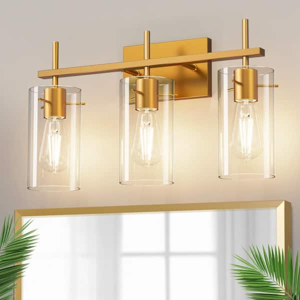 20 in. 3-Light Bathroom Fixture, Gold Metal Vanity Light Frame with Clear Glass Shades, Modern Bathroom Lighting
