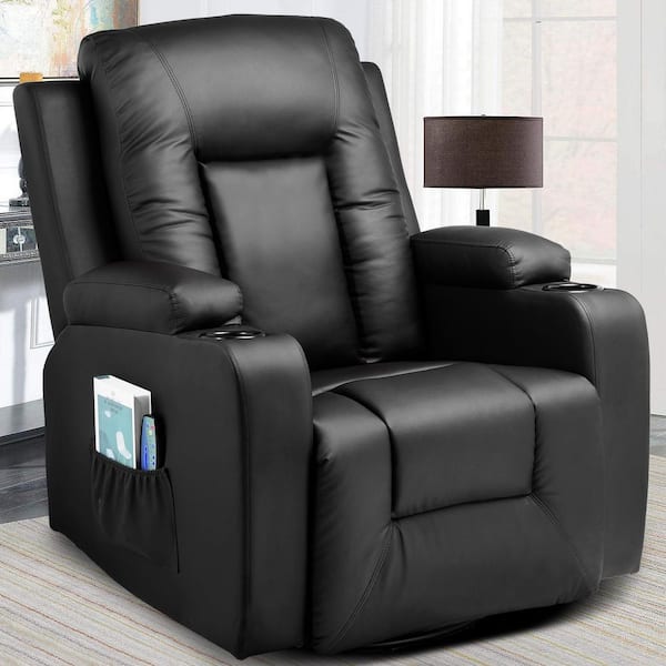 Black Recliner Chair Faux Leather Rocking Chair Swivel Recliner with Cup Holders, Heat and Massage Theater Seating