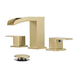 Waterfall 304-Stainless Steel 8 in. Widespread Double Handle Bathroom Faucet with Drain Kit Included in Gold