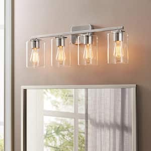 29 in. 4-Light Brushed Nickel Dimmable Vanity Light with Square Glass Shade