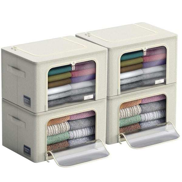 Beige 19.5 in. x 13 in. Fabric Decorative Box Set of 4, Stackable Storage Bins with Metal Frame, Window, & Handles