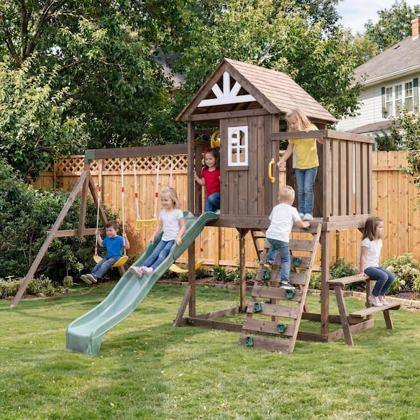 Outdoor Wooden Playset with Elevated Clubhouse, Rock Wall, Slide, and Double Swing Set